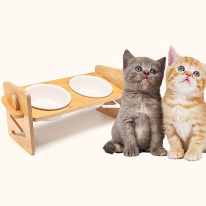 Water & Food Bowl Bamboo Hight Adjustable Feeder With Ceramic Bow - Paws Discovery 