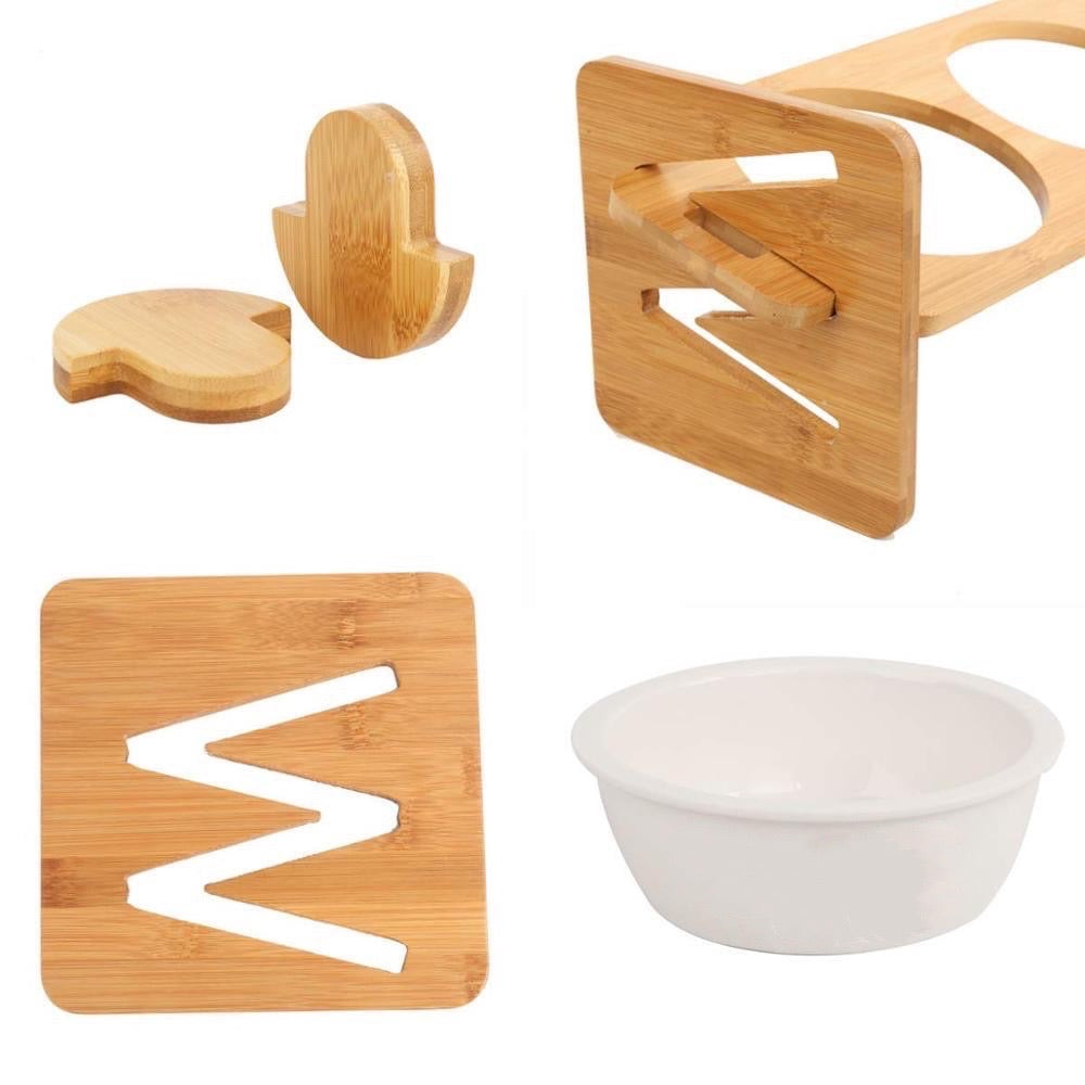 Water & Food Bowl Bamboo Hight Adjustable Feeder With Ceramic Bow