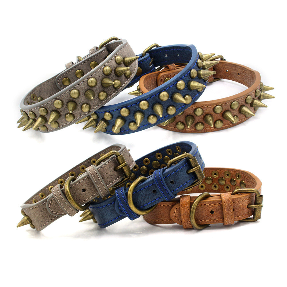 Ffiy Pet Collar Retro Wolf Spiked Anti Bite Rivet Large Dog Collar Pu Leather Adjustable Neck Strap L Blue