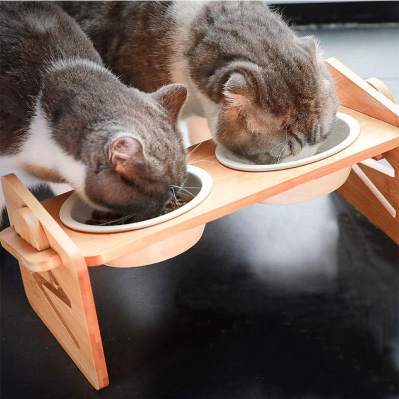 Water & Food Bowl Bamboo Hight Adjustable Feeder With Ceramic Bow
